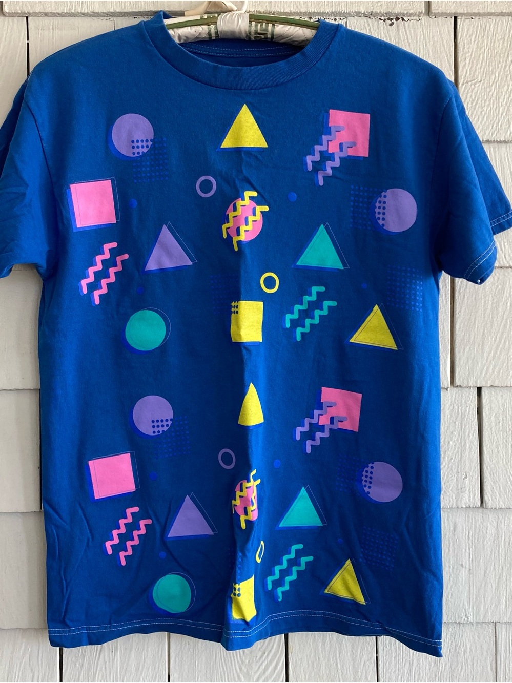 Blue T-Shirt with Multicolored Geometric Shapes Size S/M